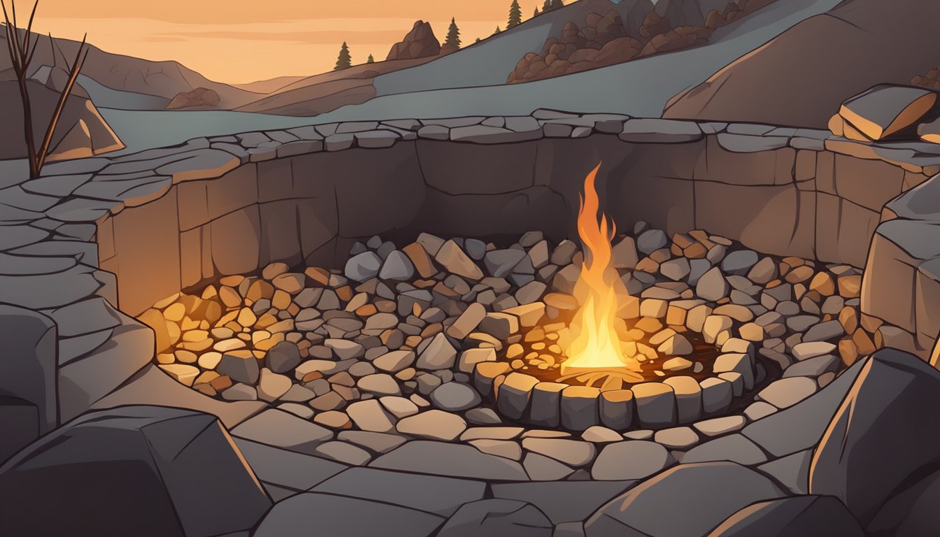 A large pit dug into the earth, surrounded by rocks and logs. A fire burns at the bottom, heating the stones for traditional pit cooking