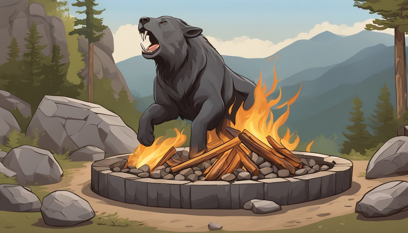 A roaring fire pit surrounded by rocks, with a large animal carcass being slowly roasted on a spit above the flames