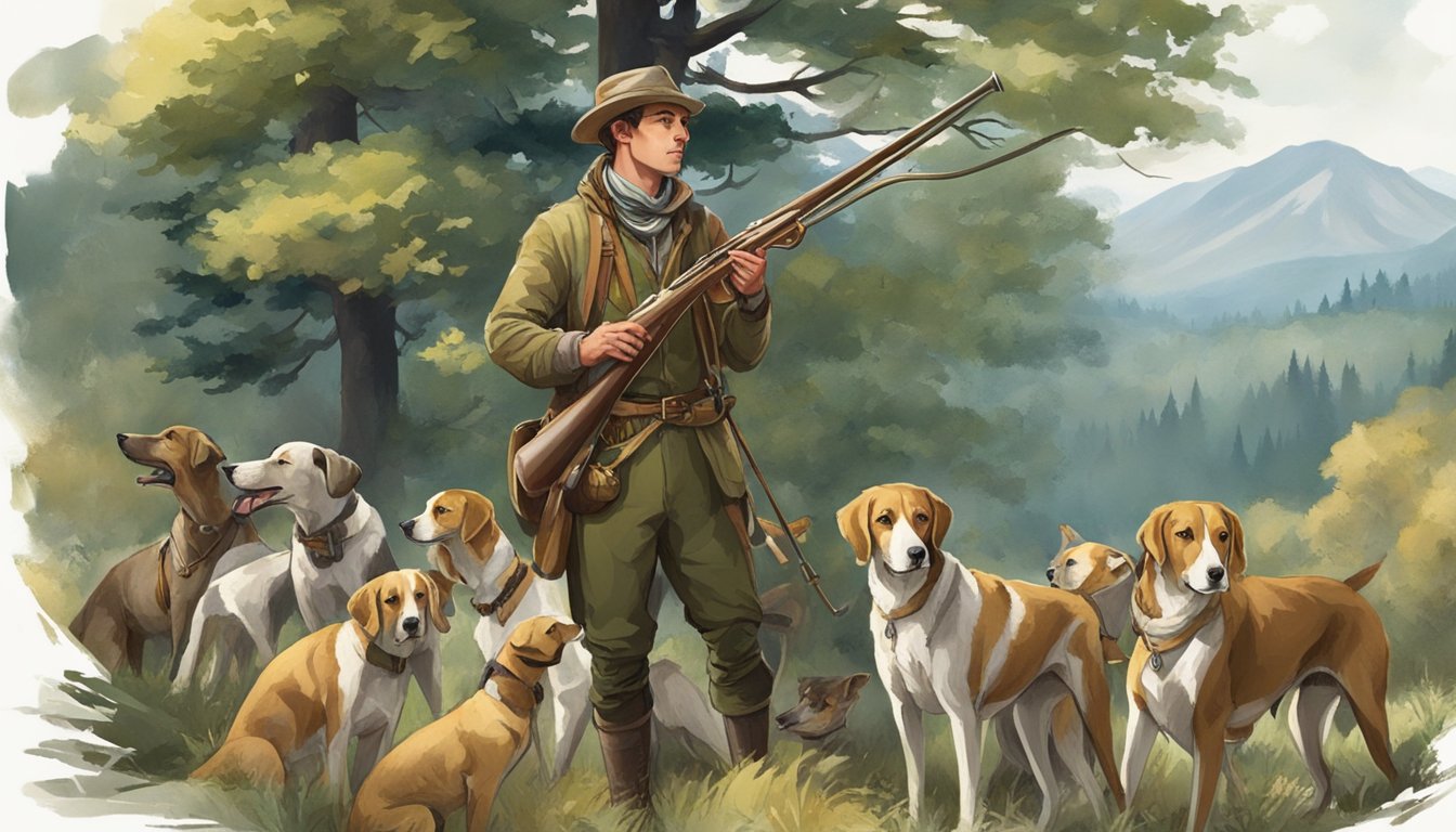 A hunter in traditional European attire blows a horn amidst a forested landscape, with hunting gear and a pack of hounds in the background