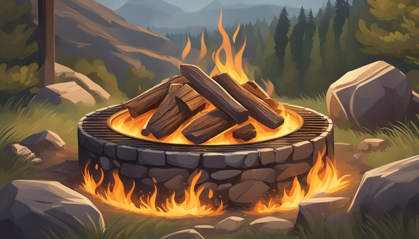 A roaring fire pit surrounded by rocks, with a large game animal roasting on a spit above the flames