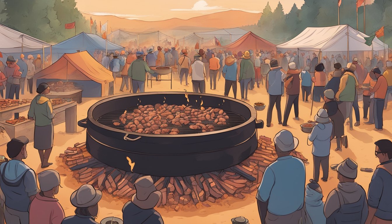 A large pit filled with hot coals, surrounded by people gathered for a pit cooking event. A variety of meats and vegetables are being slow-cooked over the open flame