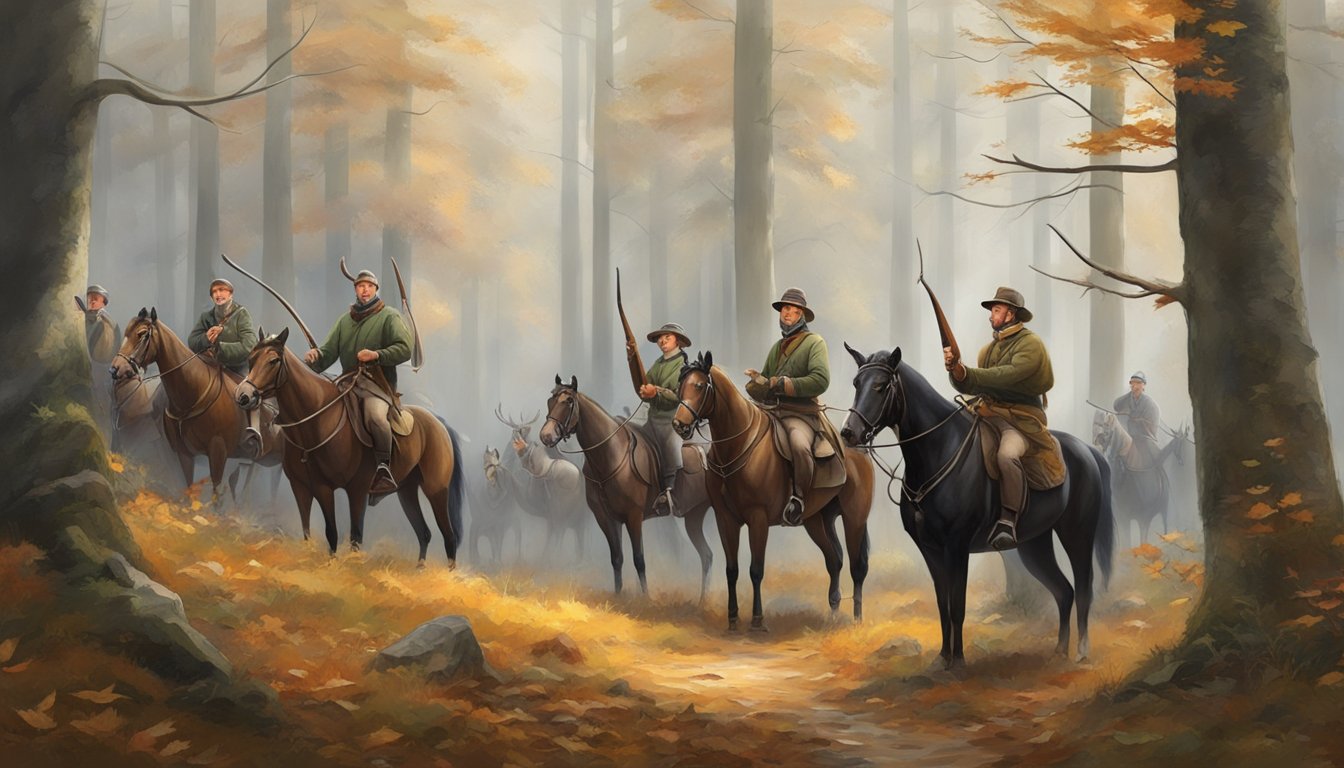 A group of hunters gather in a European forest, blowing horns to signal the start of a traditional driven hunt. The autumn leaves and misty air evoke the seasonal and regional aspects of the hunt