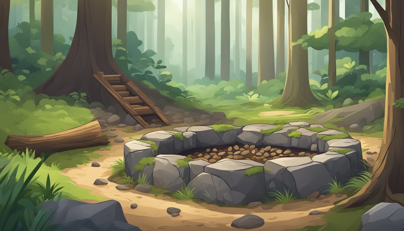 A lush forest clearing with a large pit dug into the ground, surrounded by rocks and logs for a traditional pit cooking game