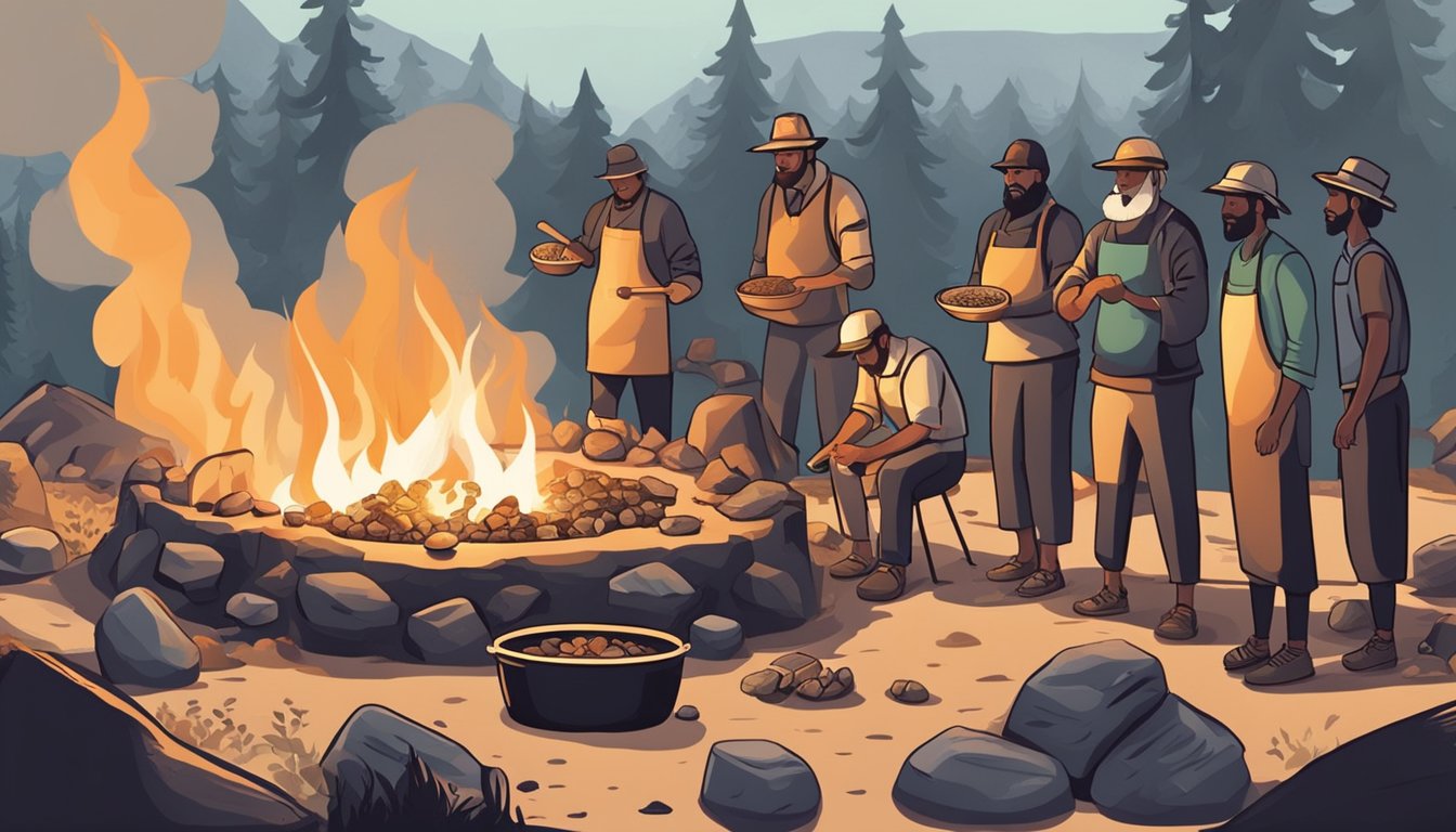 A group of people gather around a large pit in the ground, using hot coals and rocks to cook food. They carefully tend to the fire, creating a communal cooking experience