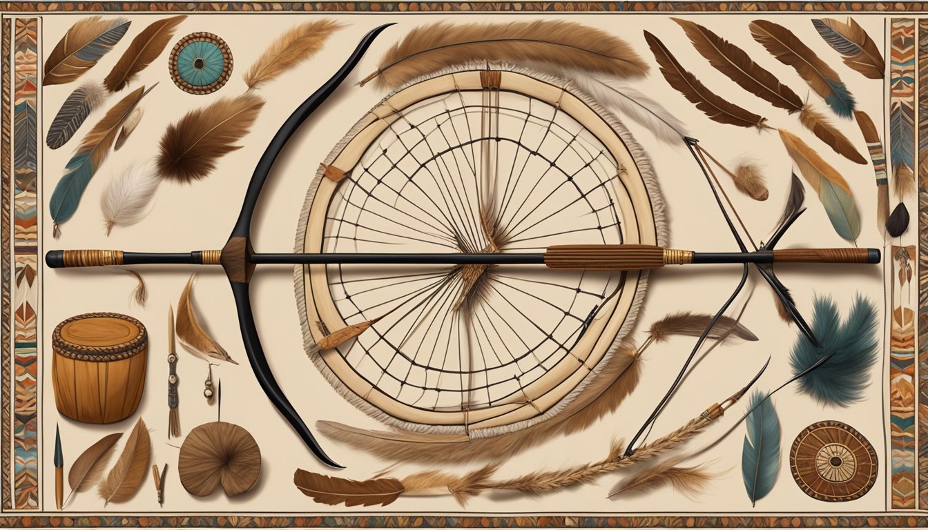 A traditional hunting bow and arrow laid out on a patterned rug, surrounded by feathers, animal hides, and other symbolic cultural items