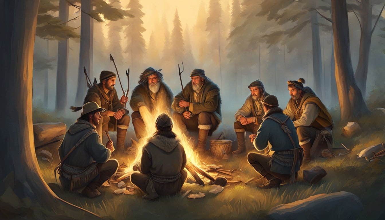 A group of hunters in traditional attire gather around a campfire in a forest clearing, surrounded by bows, arrows, and animal hides