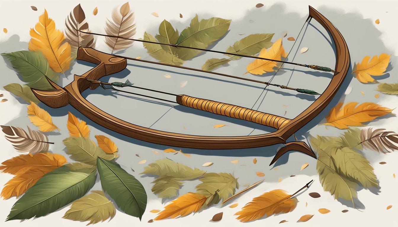 A bow and arrow resting on a bed of leaves, surrounded by animal tracks and feathers