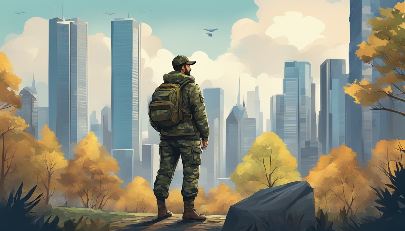 A hunter in camouflage, standing in a forest clearing with skyscrapers in the distance. A juxtaposition of traditional hunting and urbanization