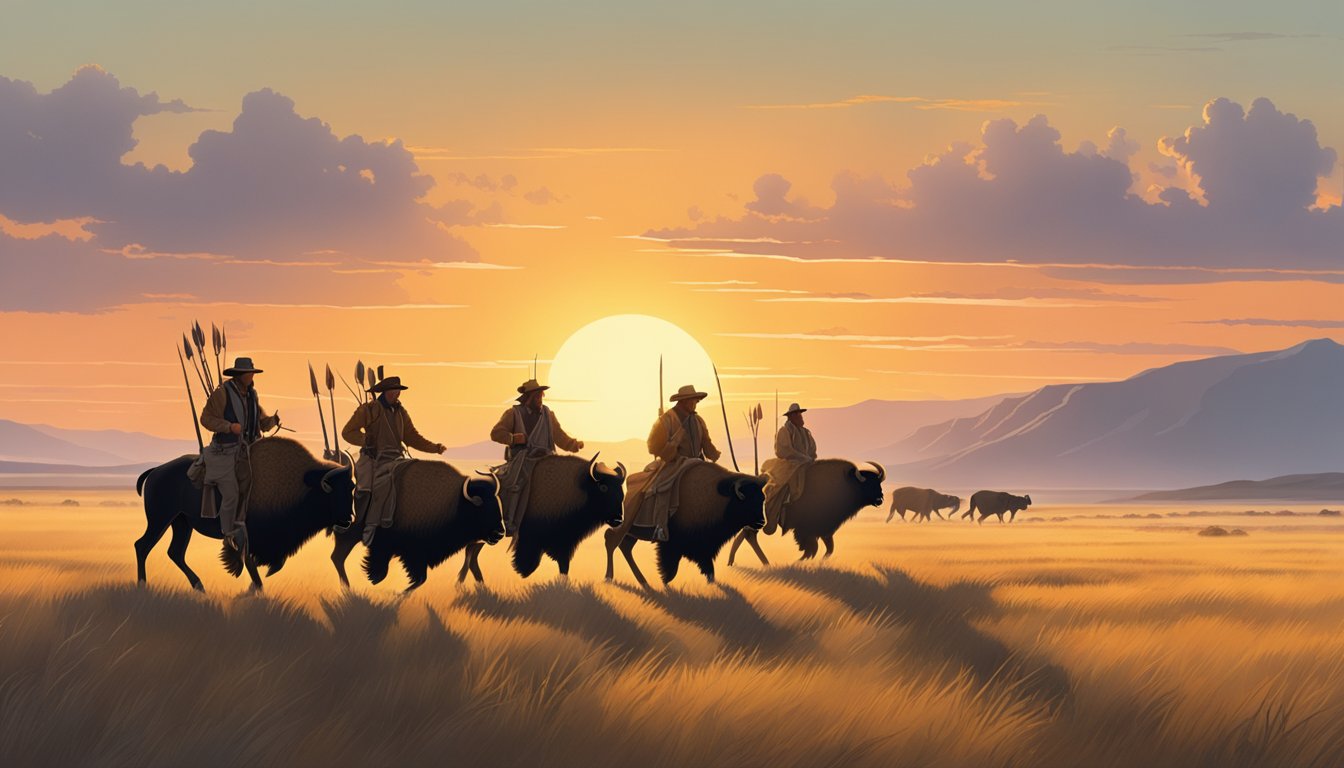 A group of indigenous hunters tracking a herd of bison across a vast, open prairie, with the sun setting on the horizon