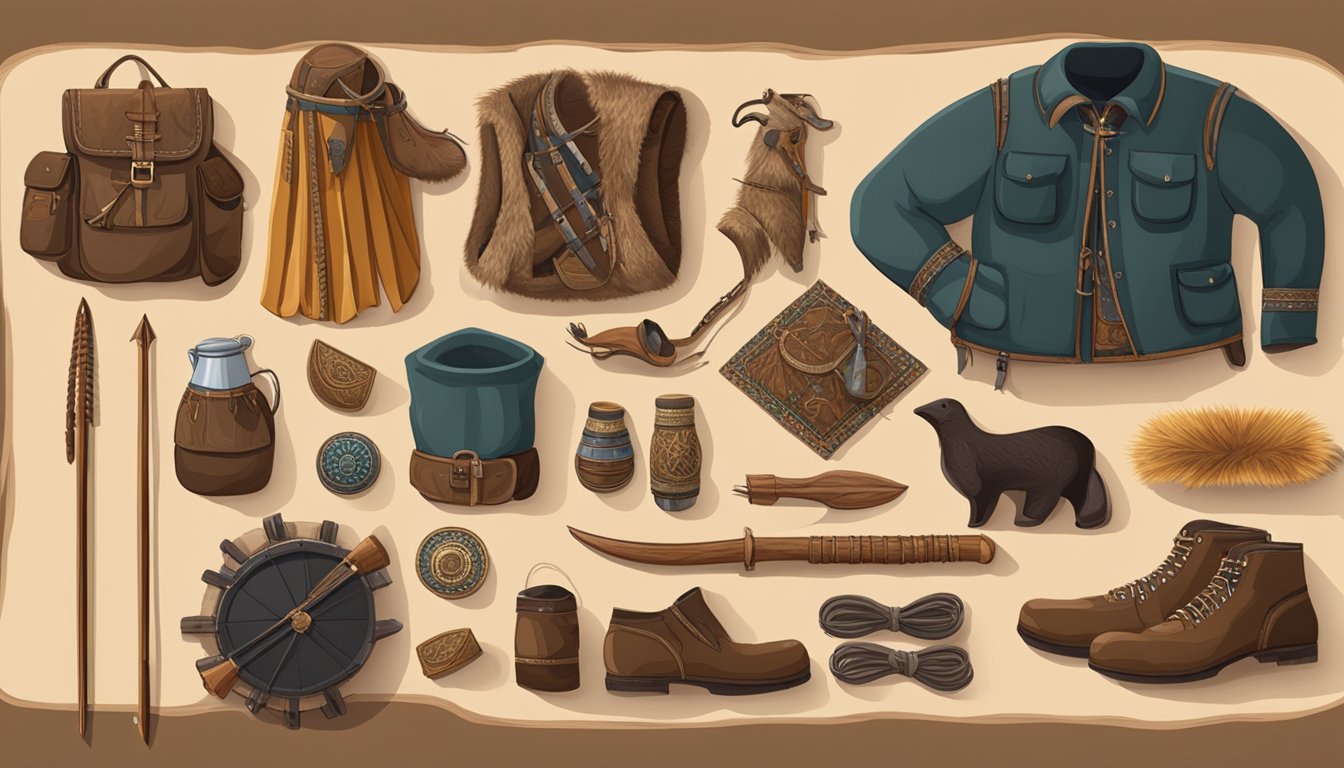 A hunter's traditional gear laid out on a wooden table, including a bow and arrow, animal hide clothing, and intricate decorative accessories