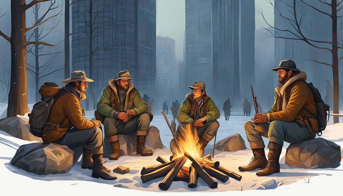 A group of hunters gather around a campfire in a forest clearing, surrounded by modern skyscrapers. They are dressed in traditional hunting gear and are sharing stories and skills passed down through generations