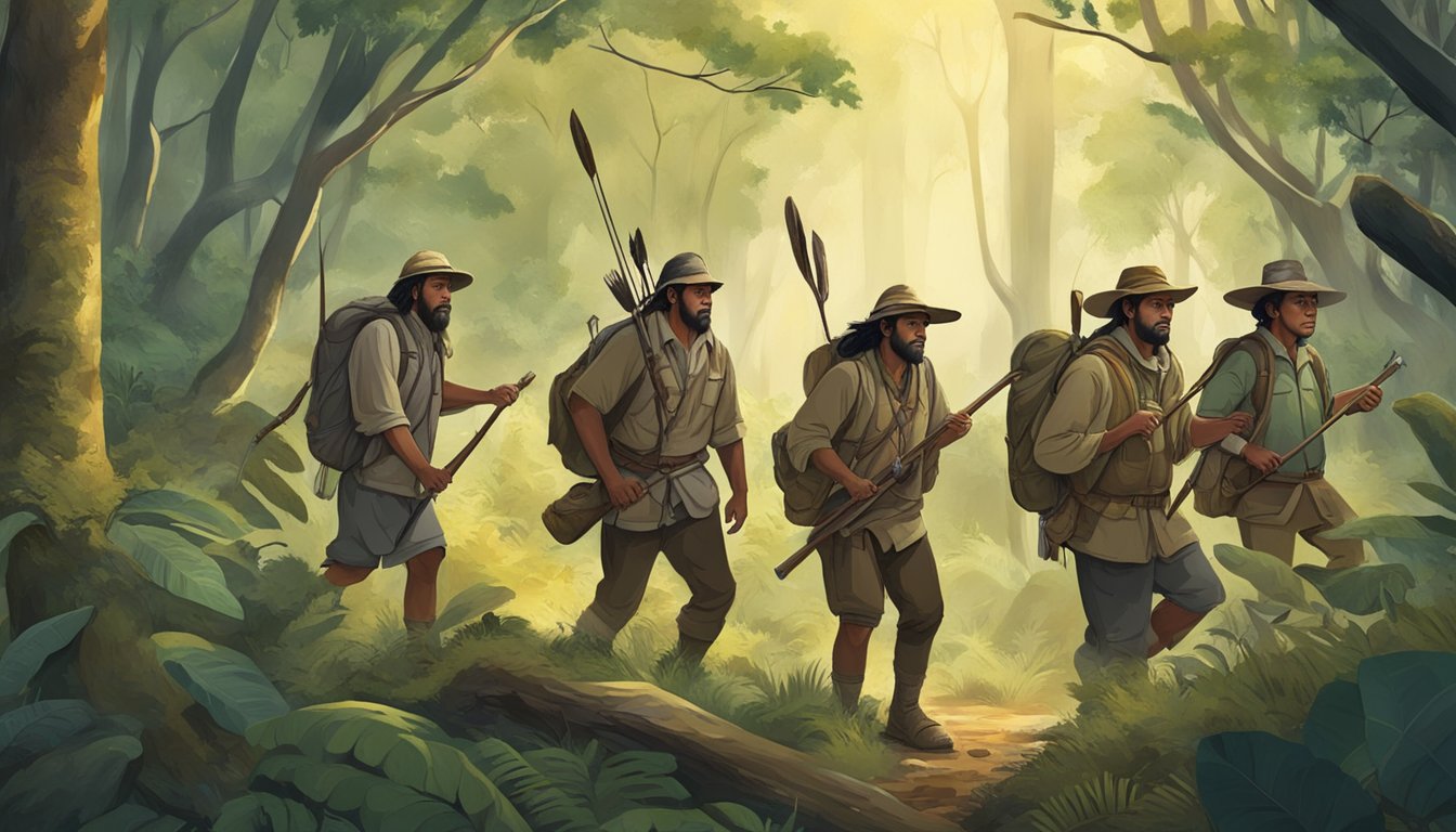 A group of indigenous hunters tracking through a dense forest, carrying traditional tools and surrounded by diverse wildlife