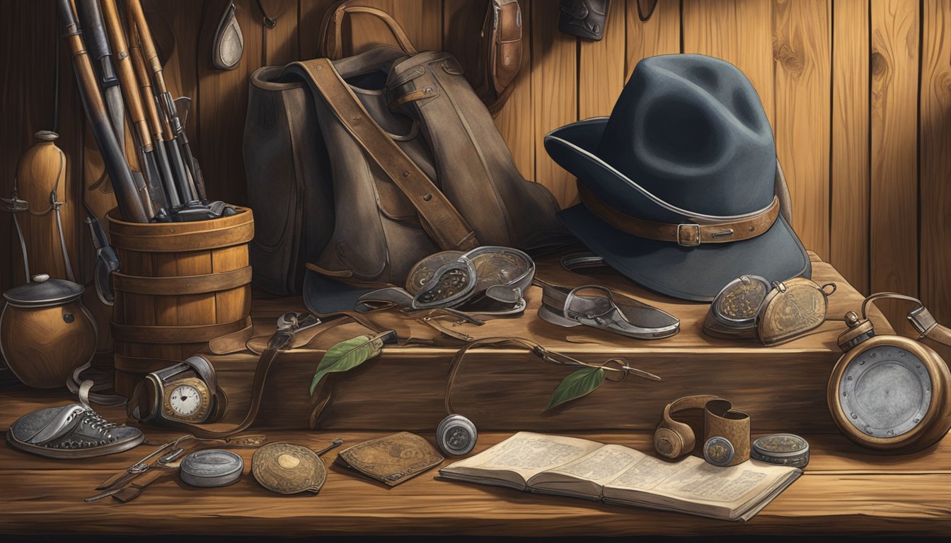 Traditional hunting gear displayed on a weathered wooden table, surrounded by family heirlooms and personal mementos