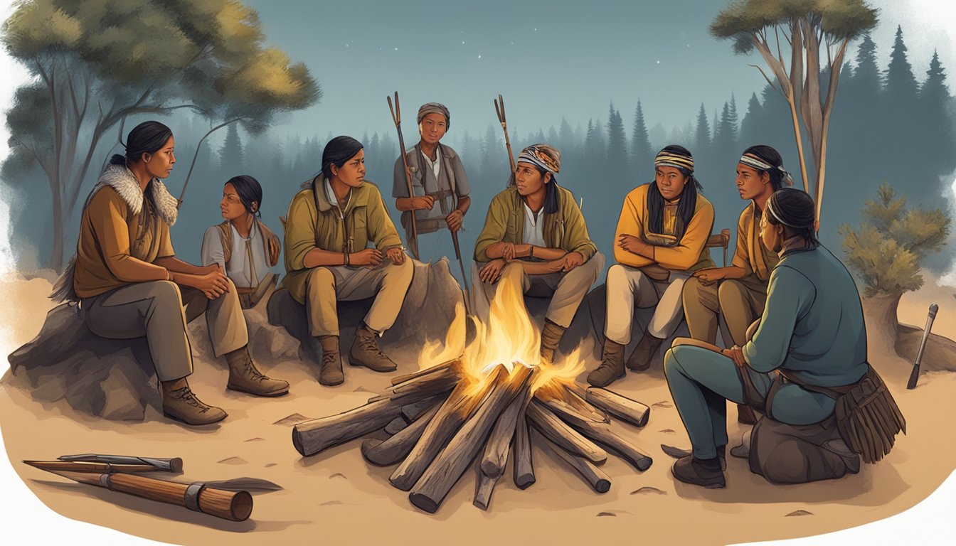 A group of indigenous people and conservationists discussing hunting regulations around a campfire, with traditional tools and wildlife in the background