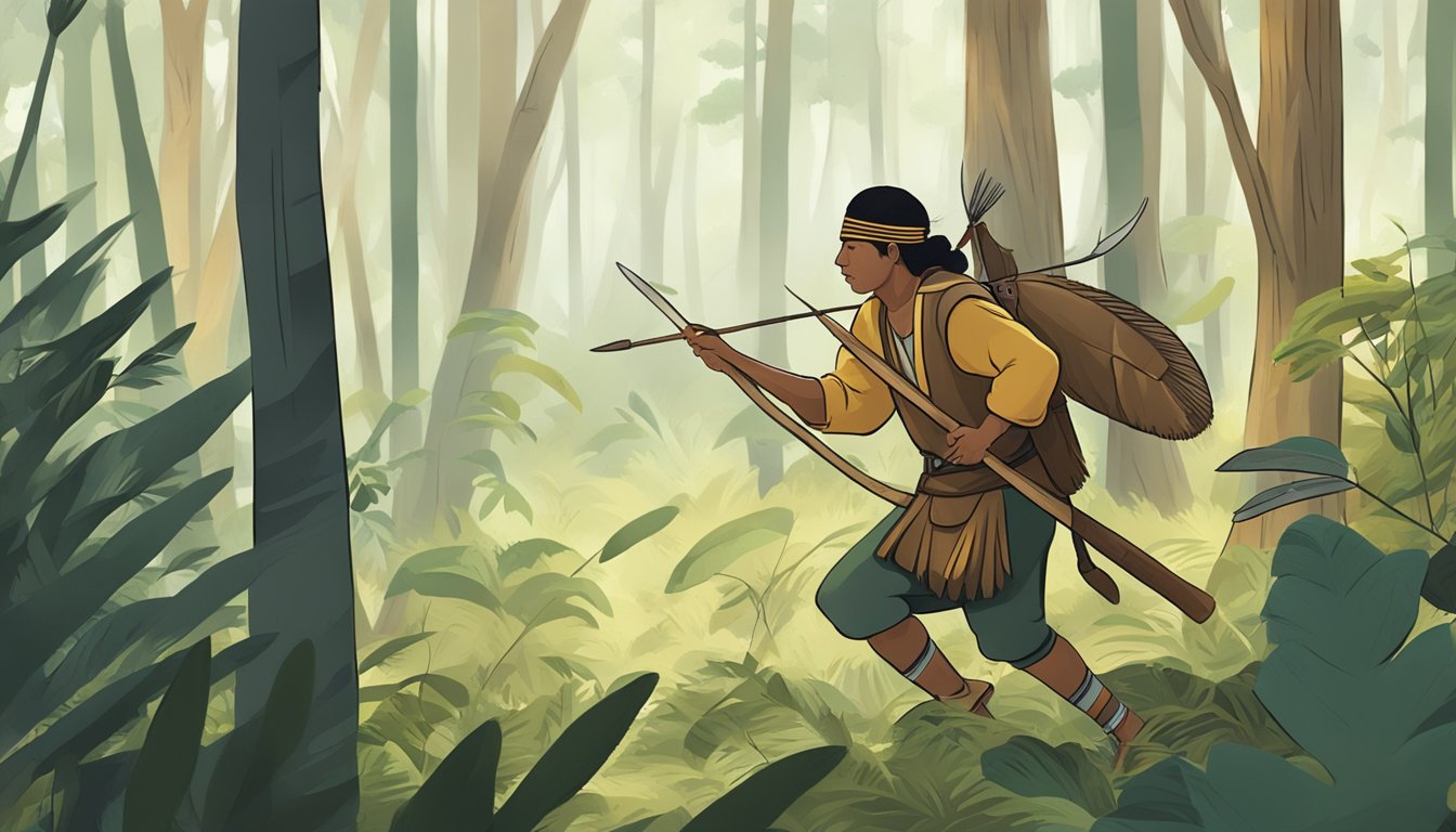 An indigenous person hunting with traditional tools in a forest clearing