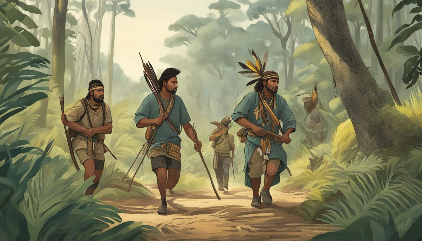 A group of indigenous hunters track through a dense forest, carrying traditional tools and surrounded by diverse wildlife. The scene reflects a balance between sustainability and cultural preservation