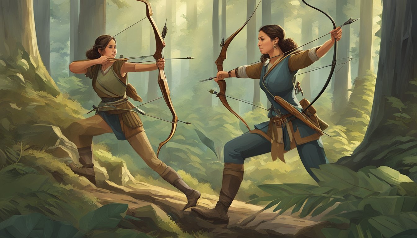 A woman uses a bow and arrow to hunt in a forest, while another woman uses a spear. They are surrounded by various hunting tools and equipment from different time periods