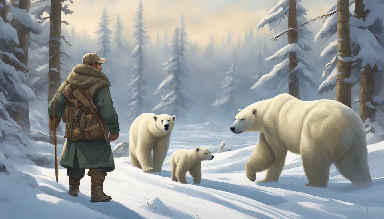 A hunter in traditional clothing tracking through a snowy forest, while a polar bear and her cubs roam in the background