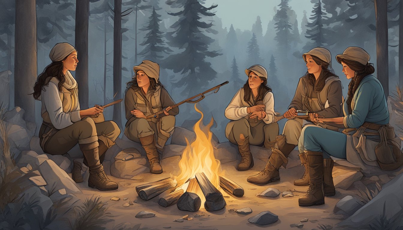 A group of women gather around a fire, sharing stories and preparing tools for a hunting expedition. The scene depicts a sense of camaraderie and empowerment