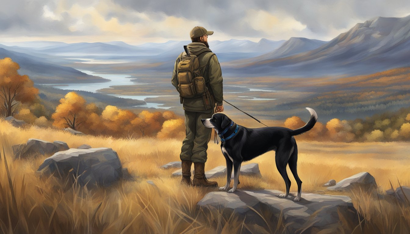 A hunting dog stands proudly beside its human companion, gazing out over a vast, wild landscape, their bond evident in their shared determination and trust