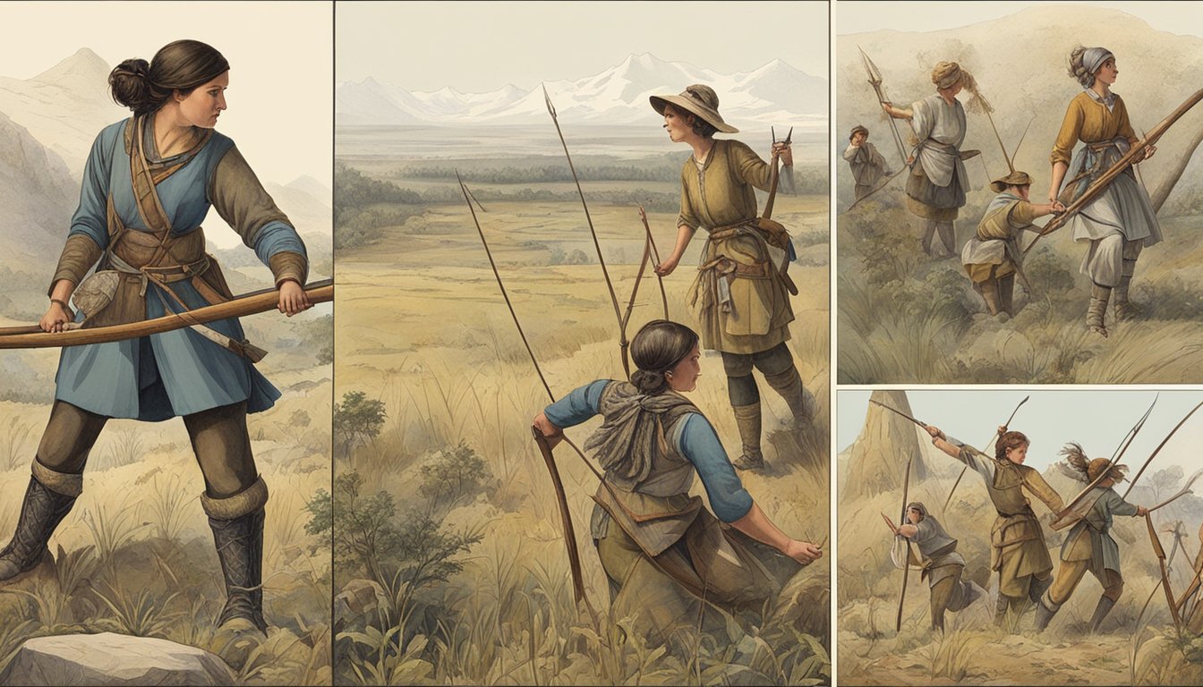 A group of women in various landscapes using traditional hunting tools such as bows, spears, and traps to capture prey