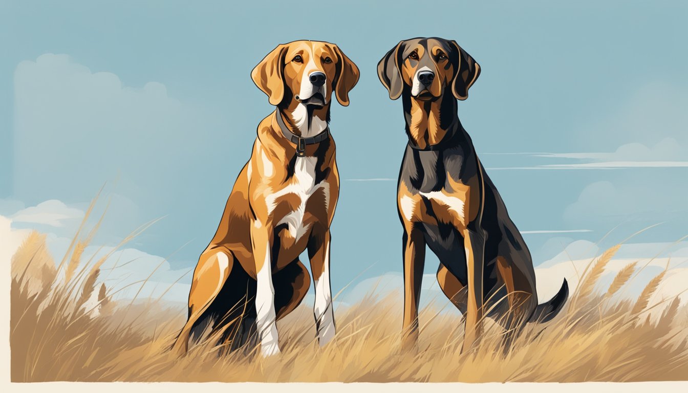 Two hunting dogs, one large and one small, stand side by side, their noses pointed into the wind as they prepare to set out on a hunt