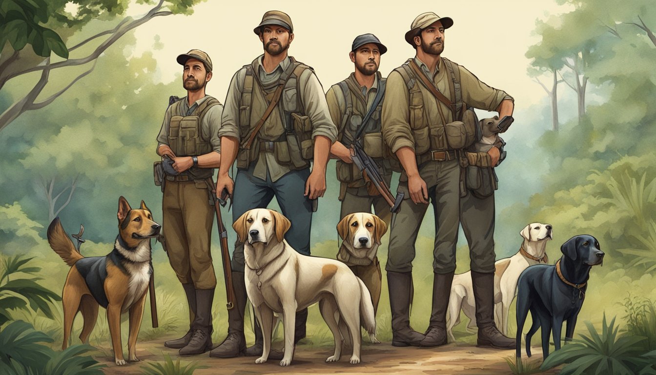 A pack of hunting dogs standing proudly beside their owners, surrounded by lush greenery and a sense of deep historical connection