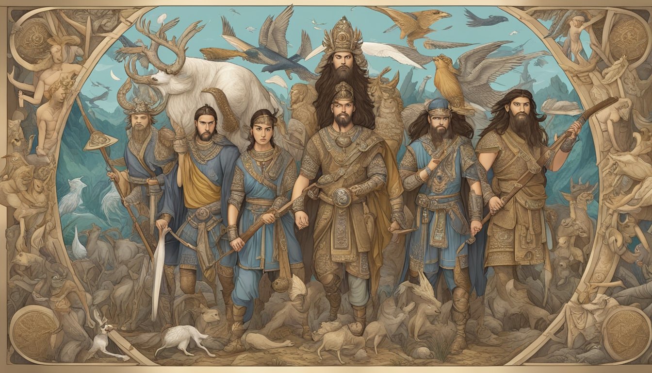 A group of mythological hunting figures from various cultures, surrounded by supernatural symbols and elements