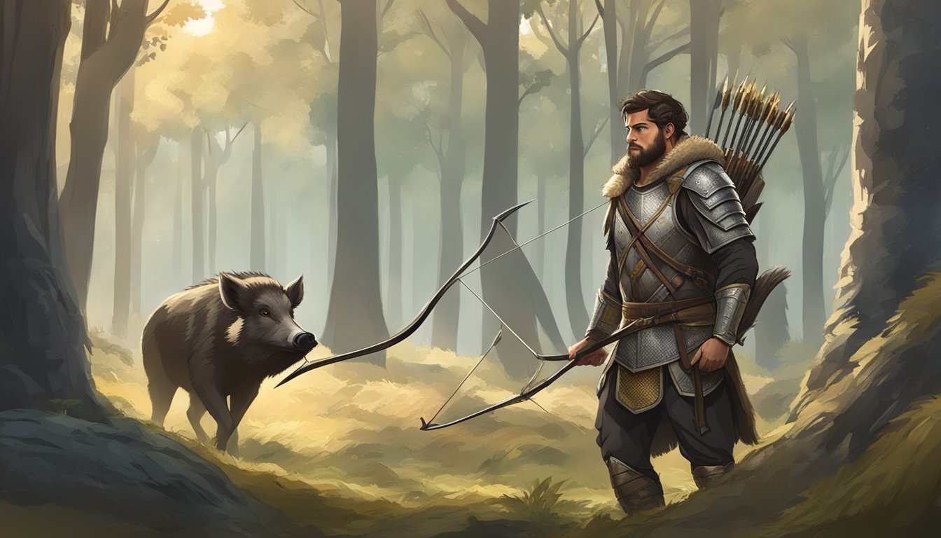 A hunter in ancient armor with a bow and arrow, standing in a forest clearing with a wild boar in the background