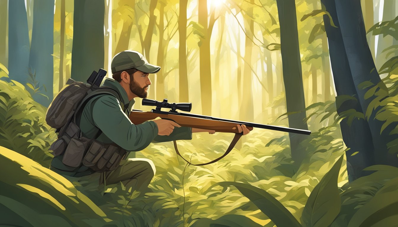 A hunter stalking through a dense forest, bow in hand, eyes focused on a distant target. The sun filters through the leaves, casting dappled shadows on the forest floor