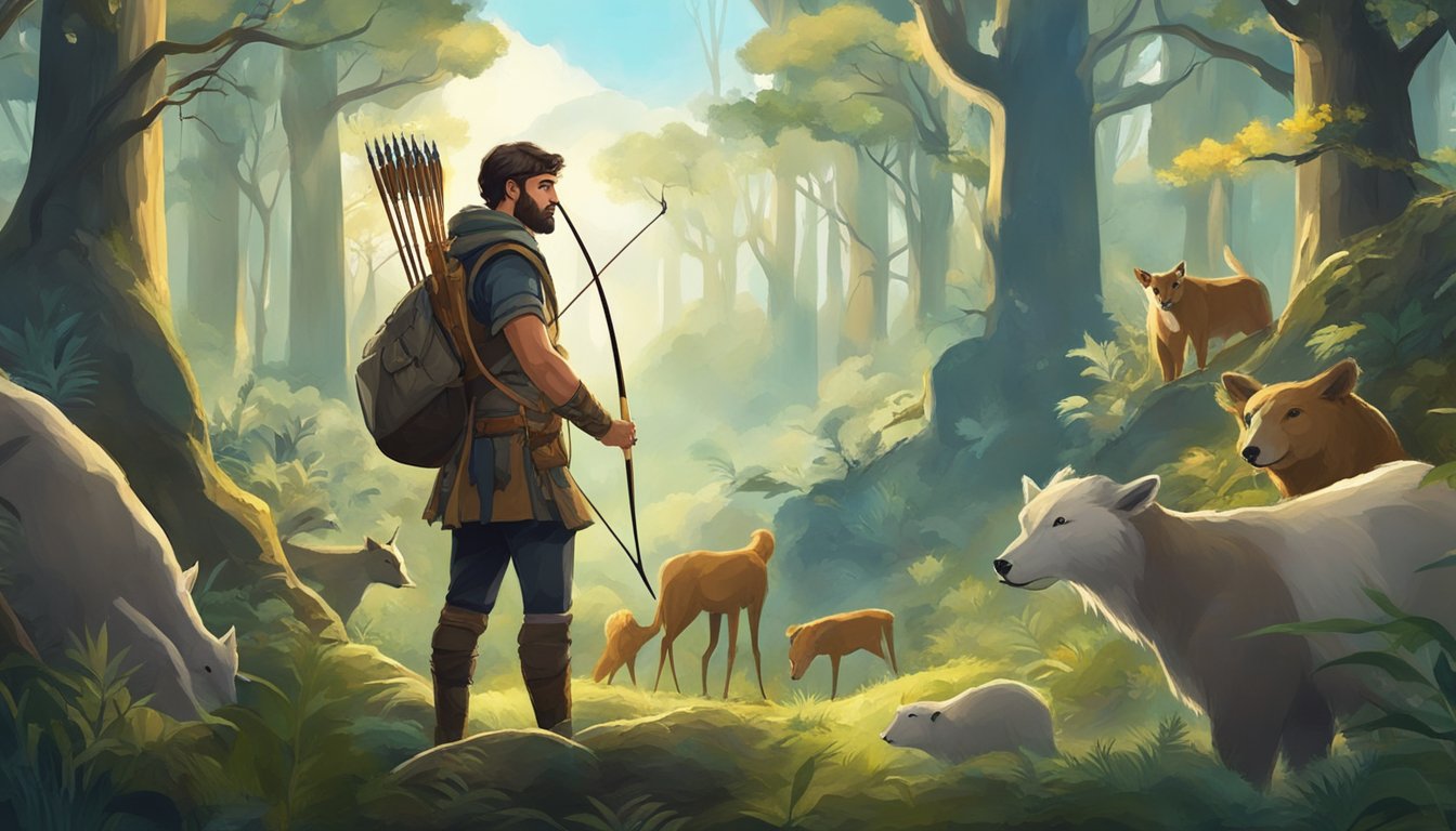 A hunter with a bow and arrow stands in a forest, surrounded by animals and mythical creatures from various cultures