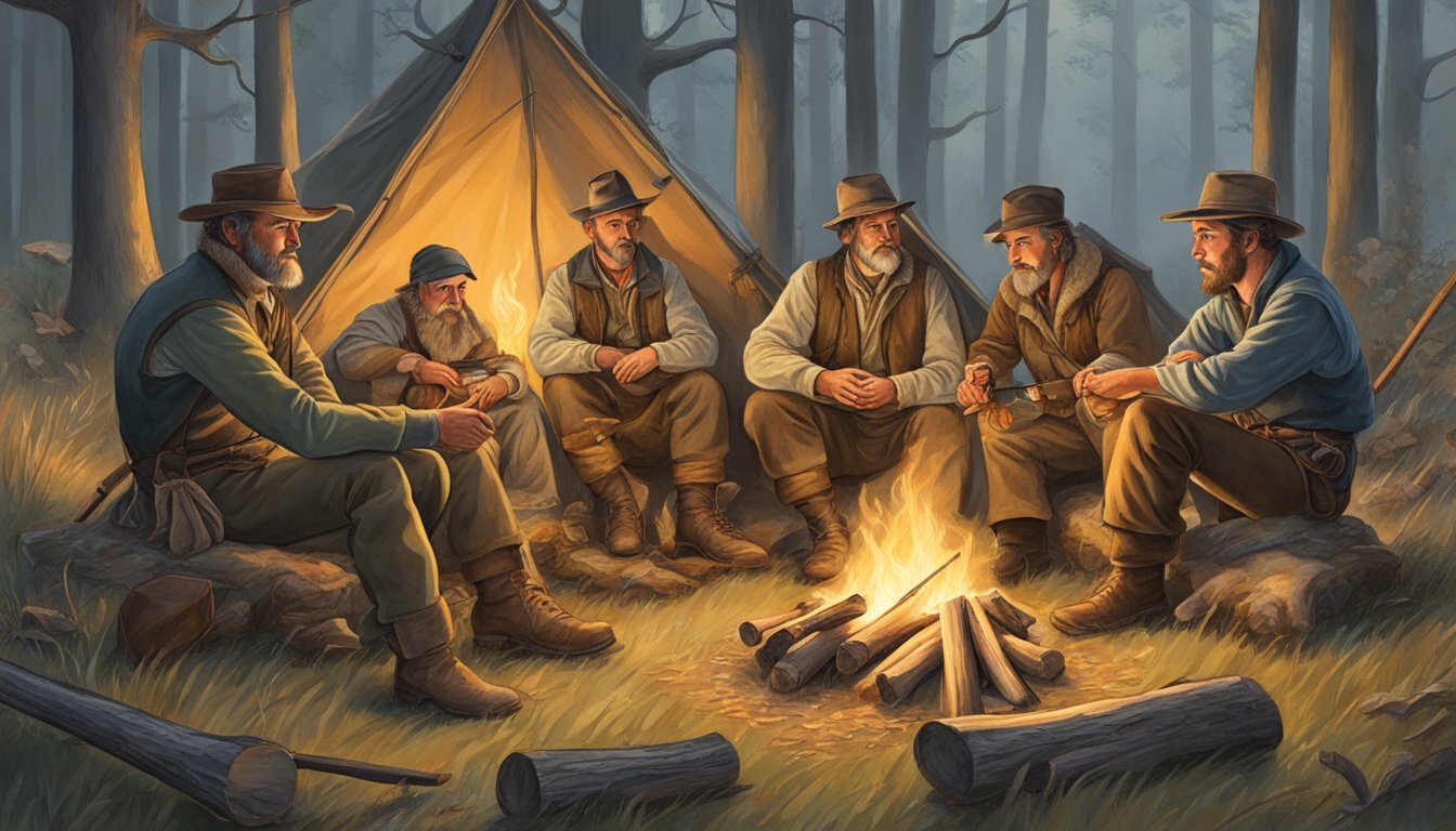 A group of hunters from different time periods gather around a campfire, sharing stories and experiences of hunting as depicted in various literary works