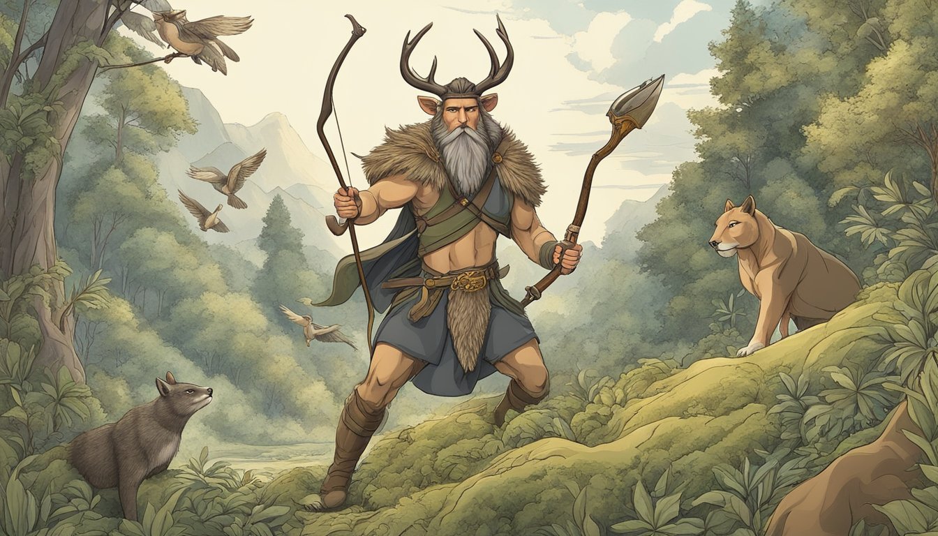 A powerful mythological hunting figure with animalistic features, surrounded by nature and wielding traditional hunting tools