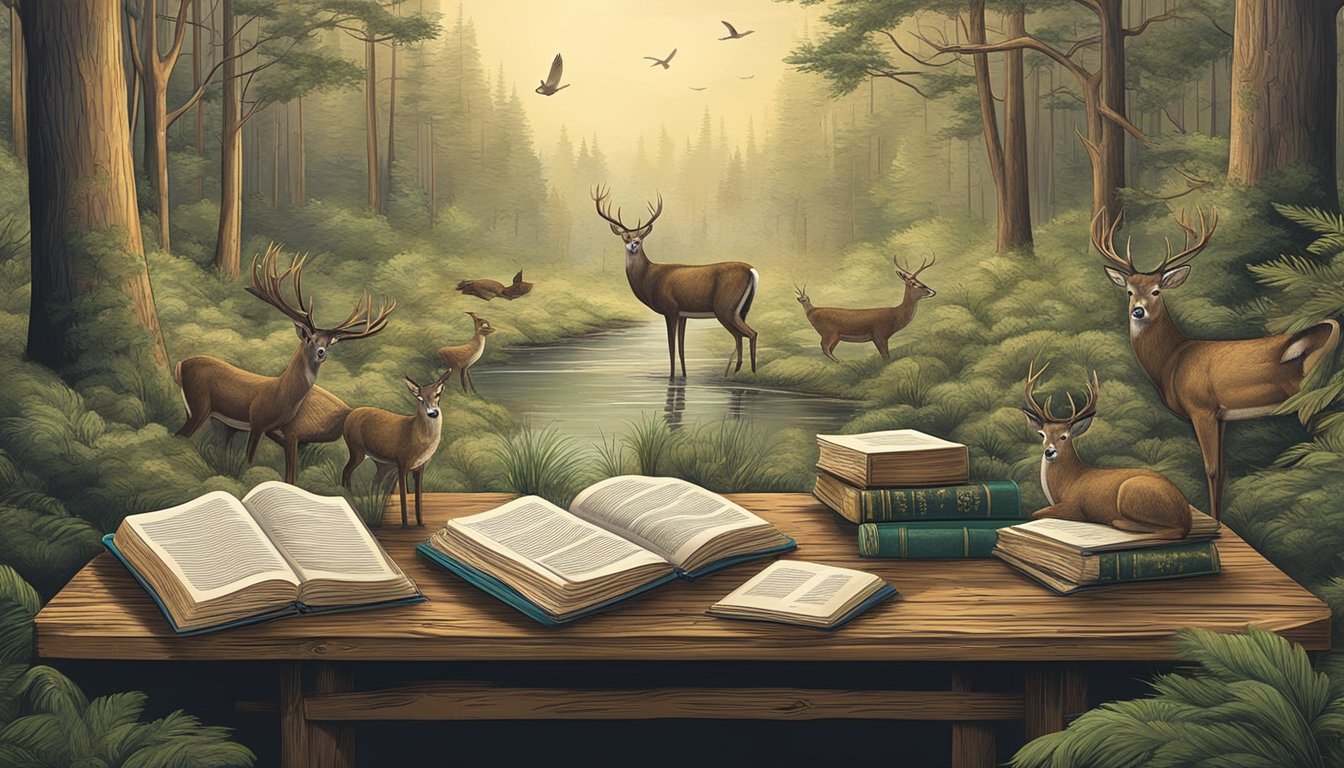 A tranquil forest with a variety of wildlife, including deer, birds, and other animals. A collection of books by notable authors on hunting literature is displayed on a rustic wooden table