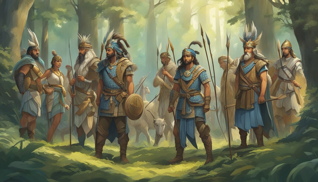 A group of mythological hunting figures from various cultures, armed with bows and arrows, stand together in a forest clearing