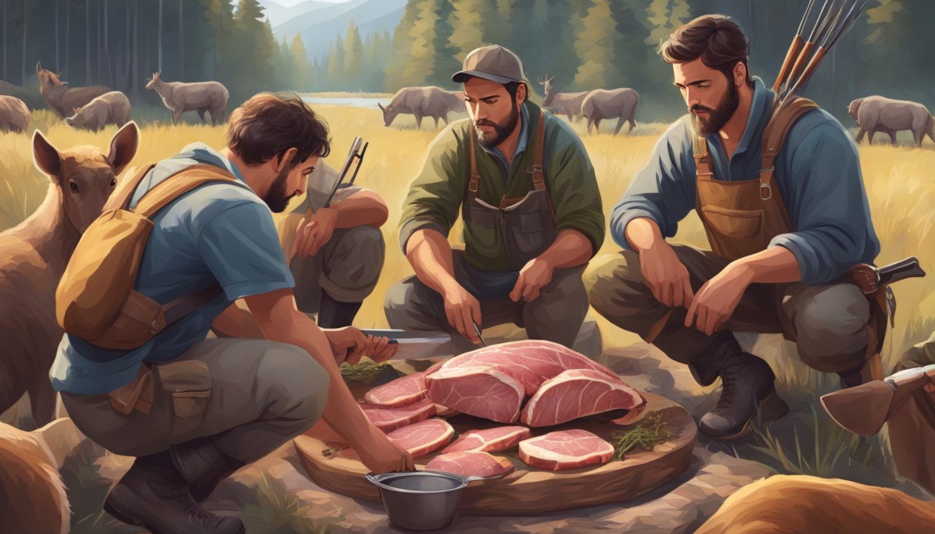 A group of hunters gather around a freshly caught animal, dividing the meat into portions and sharing it among themselves and their community members