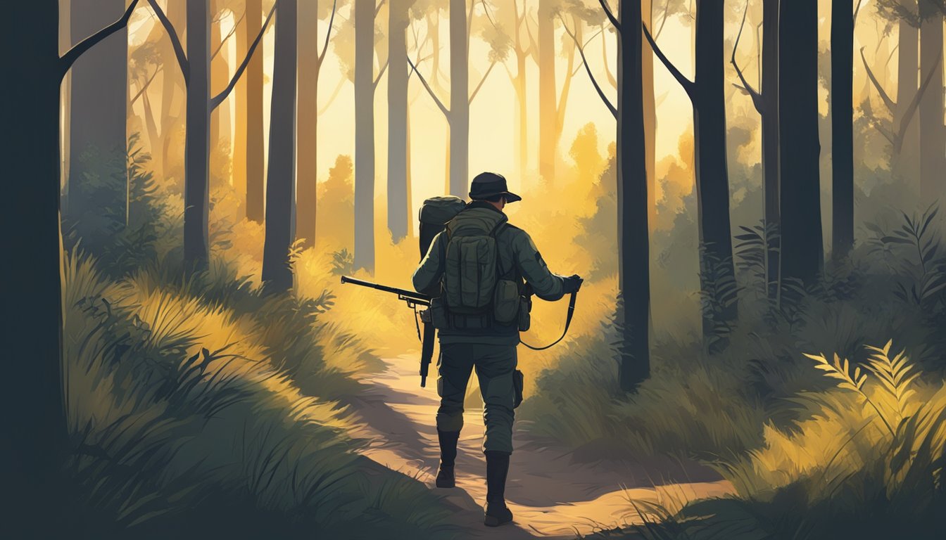 A hunter stalking through a dense forest, bow in hand, eyes focused on a distant target. The setting sun casts long shadows through the trees