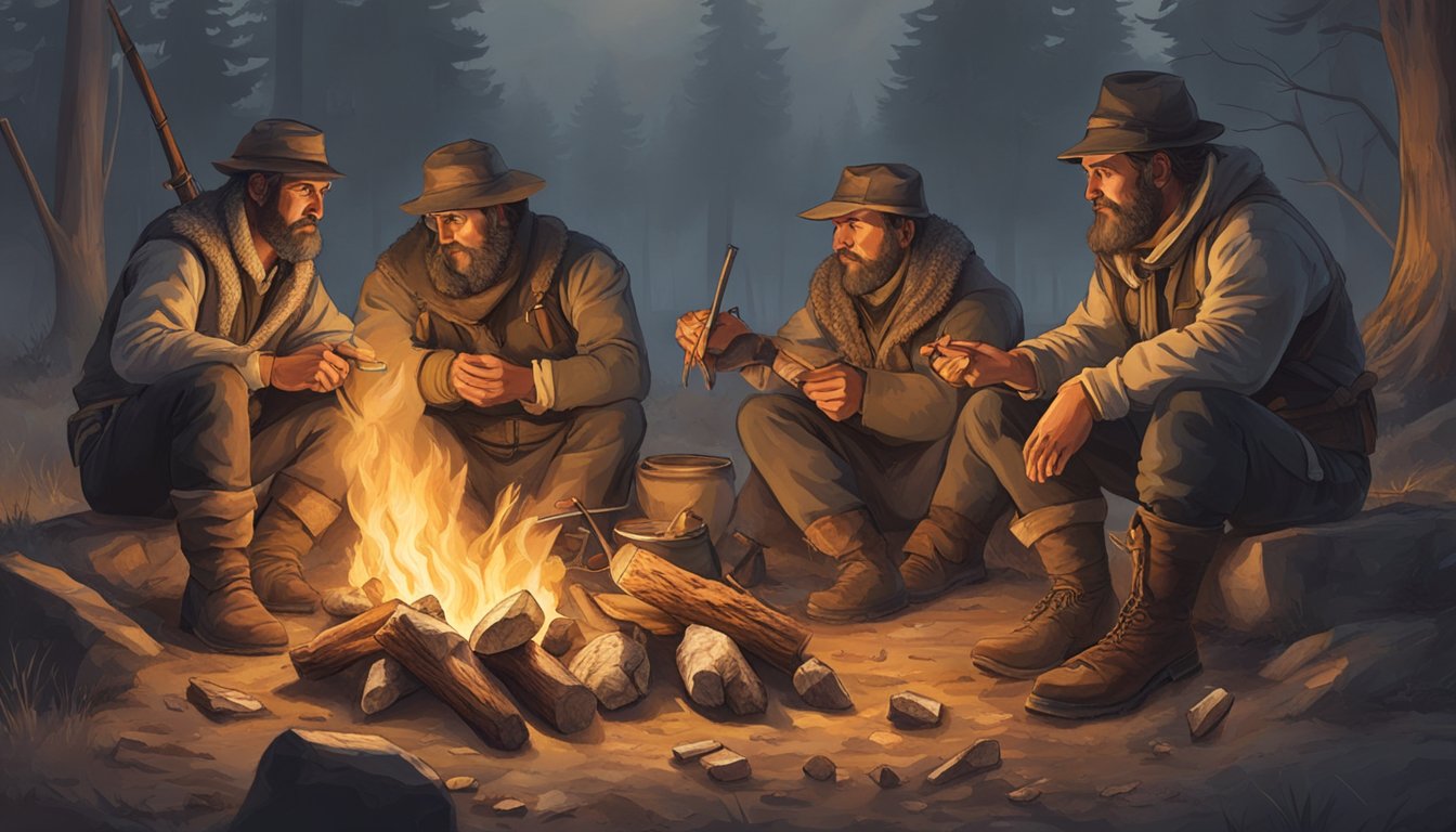 A group of hunters sit around a fire, dividing up pieces of meat and sharing them with each other, demonstrating the cultural importance of meat sharing in hunting societies