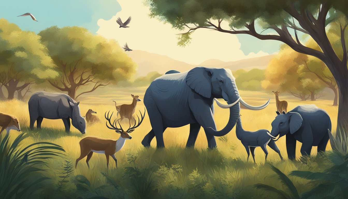 A group of animals sharing a kill, surrounded by a diverse landscape of trees and grasses