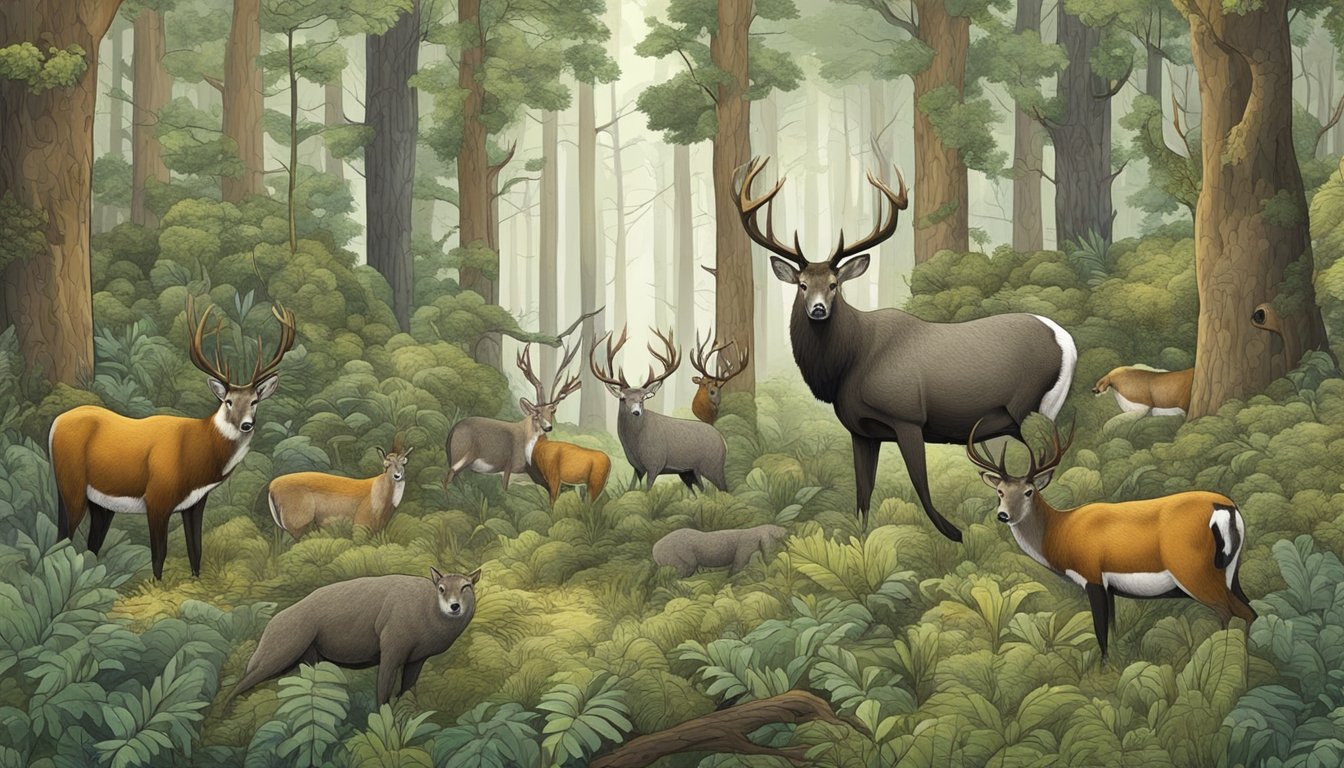 A forest landscape with animals blending into their surroundings, showcasing the historical emergence of camouflage in hunting culture