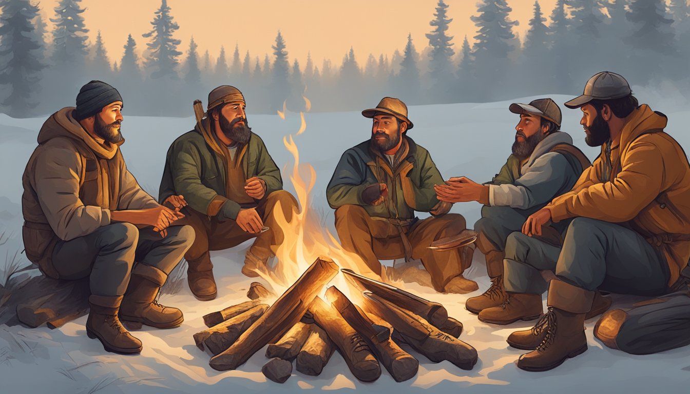 A group of hunters gather around a fire, sharing freshly caught meat with each other in a gesture of cultural importance and community bonding