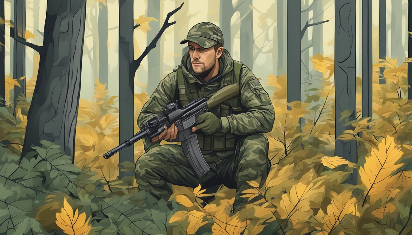 A hunter in camouflage blends into the forest, surrounded by trees and foliage, waiting for prey