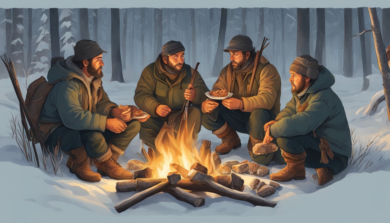 A group of hunters gather around a fire, sharing pieces of meat and engaging in conversation, highlighting the cultural significance of meat sharing in hunting societies