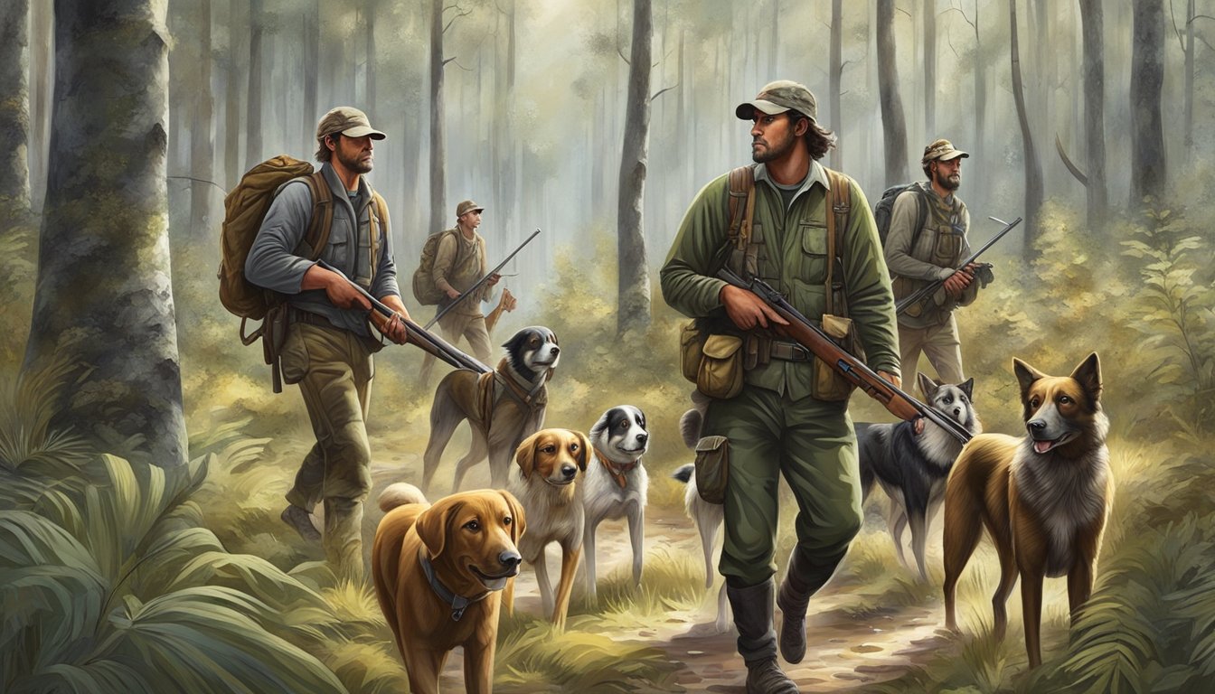 A group of hunters tracking through a dense forest, carrying traditional hunting gear and accompanied by hunting dogs. The landscape is teeming with diverse wildlife, showcasing the symbiotic relationship between hunting and conservation efforts