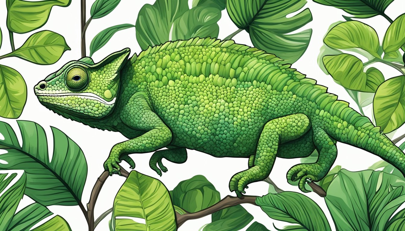 A chameleon blending into a lush green foliage, its skin seamlessly matching the leaves and branches around it