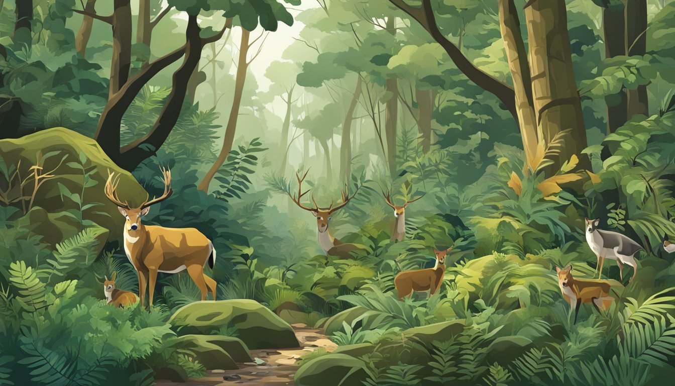 A dense forest scene with a variety of flora and fauna, showcasing the evolution of camouflage in hunting culture