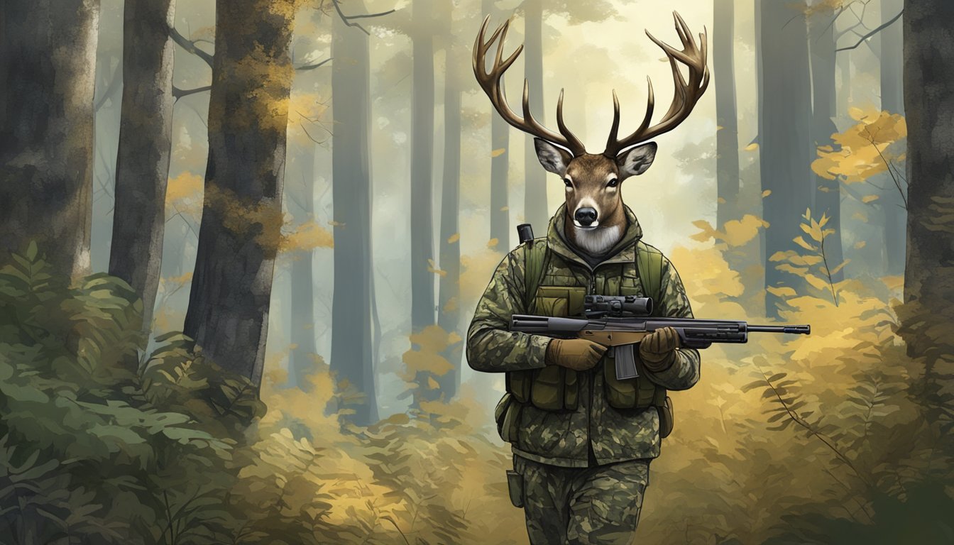 A hunter in a forest, blending into the surroundings with advanced camouflage gear, as a deer cautiously approaches