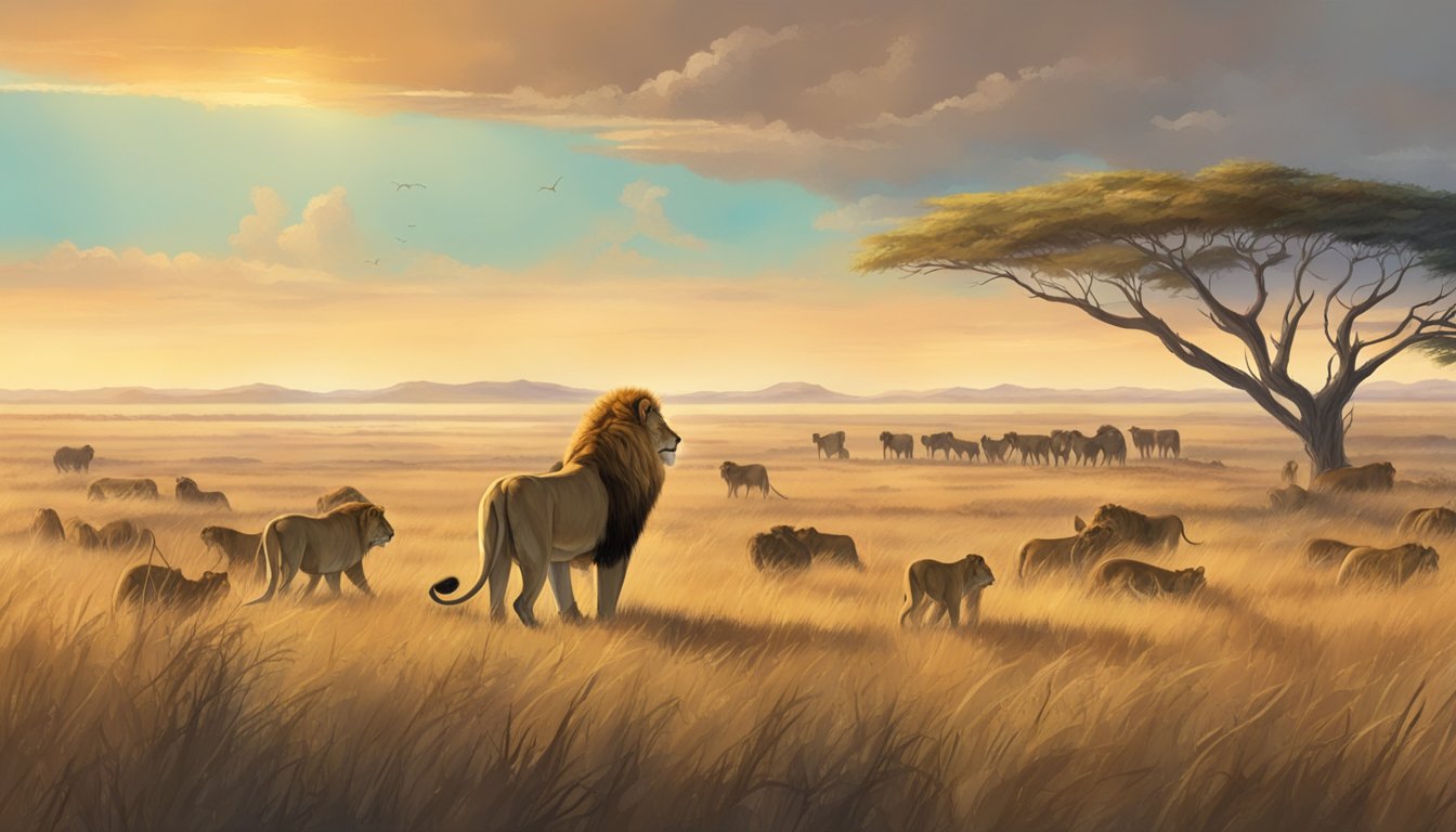 A majestic lion stands in a vast savanna, surrounded by a variety of wildlife. In the distance, a group of hunters observe and document the animals from a safe distance