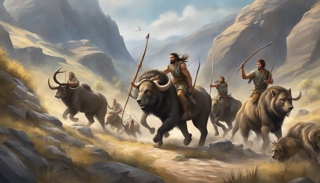 A group of prehistoric hunters armed with spears and bows pursuing a herd of wild animals through a rugged and rocky terrain