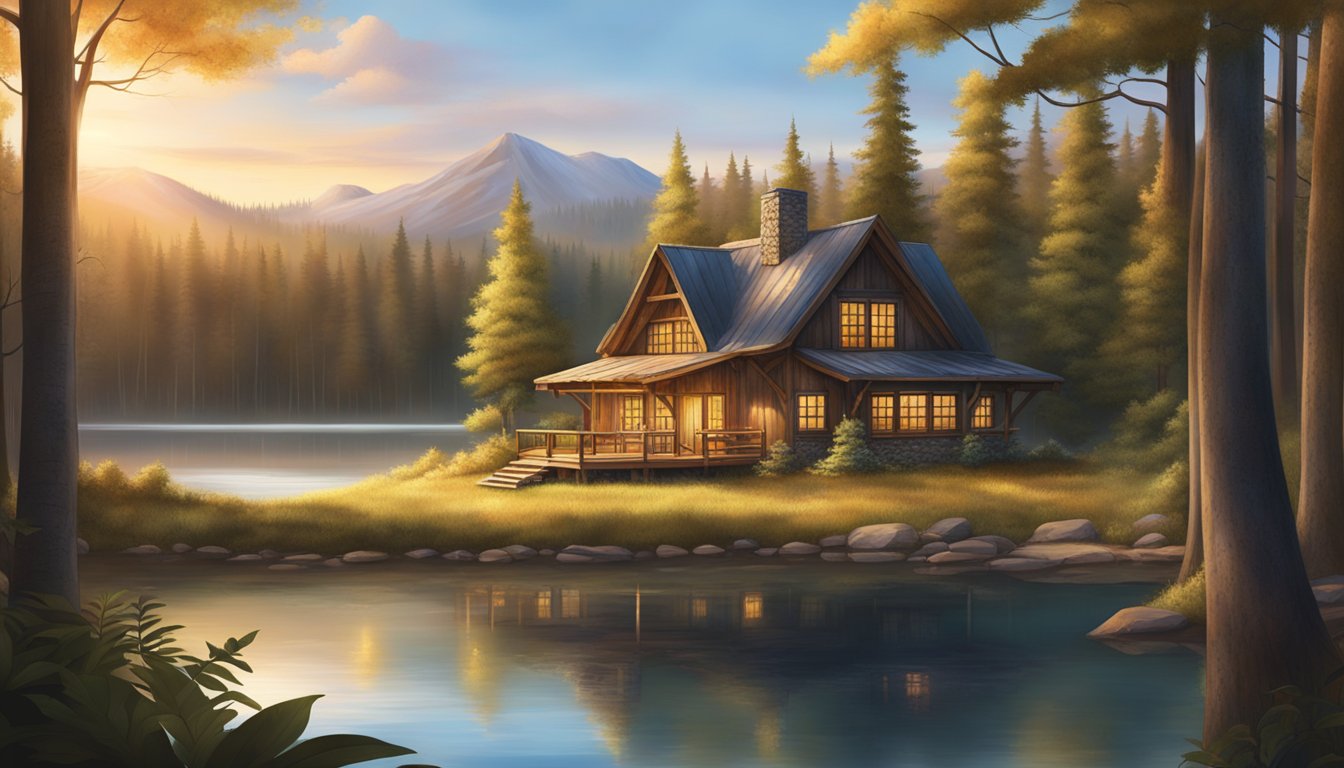 A rustic hunting lodge nestled in a dense forest, surrounded by towering trees and a serene lake, with a warm glow emanating from the windows